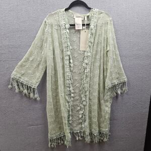 La Bellum Hillary Scott Women's NWT Light Sage Green Lace Kimono Cardigan Fringe